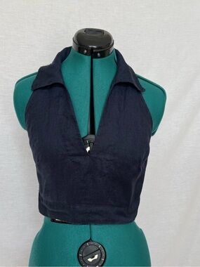 Reiss Navy Blue Linen Halter V-Neck Crop Top